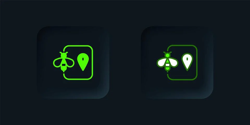 Green Bee location map pin pointer icon isolated on black background. Farm .. イラスト素材