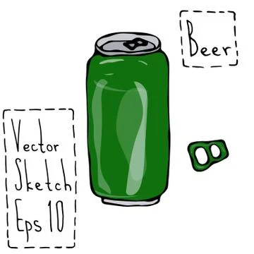 Green Beer Can and Key Doodle Sketch. Bar Vector Illustration. Stock Illustration