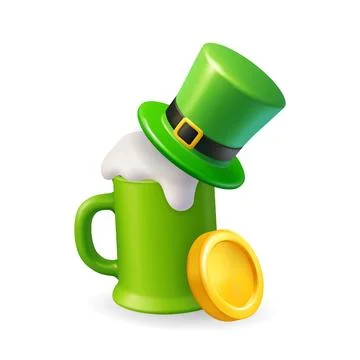 Green beer mug with leprechaun hat and gold coin. 3D Saint Patricks Day festive Stock Illustration