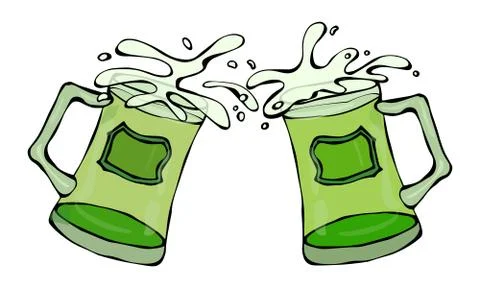 Green Beer St. Patricks Day Symbol Two Glasses with Splash of Alcoholic Drink Stock Illustration