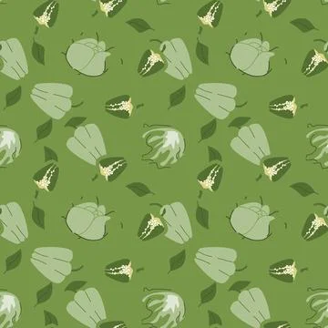 Green bell pepper and leaf pattern on olive background Stock Illustration