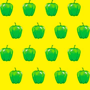 Green bell pepper stock vector seamless pattern on yellow background Illustrazione stock