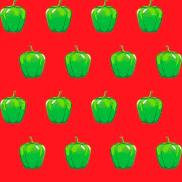 Green bell pepper stock vector seamless pattern on red background Illustrazione stock