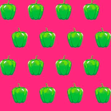 Green bell pepper stock vector seamless pattern on neon pink background Illustrazione stock