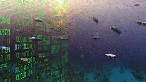 Green binary code activating sending particles across water while boats bobbing, Stock Footage 333774612