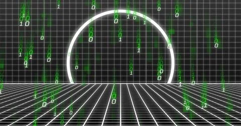 Green binary code and grid patterns over digital tunnel image Stock Illustration