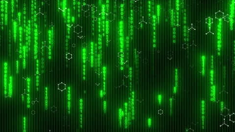 Green Binary Code And Molecular Structures On Dark Background Video stock 346743374