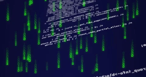 Green binary code and programming text animation over dark blue background Stock Footage 305009711