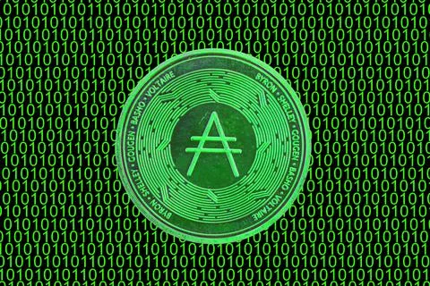Green binary code and a valueable green ada coin from cardano crypto currency Illustrazione stock