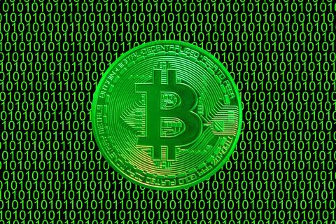 Green binary code and a valueable green bitcoin from crypto currency straight イラスト素材