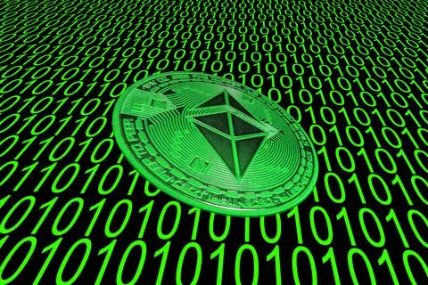 Green binary code and a valueable green ether coin from ethereum crypto curre Stock Illustration