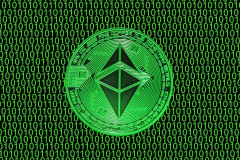 Green binary code and a valueable green ether coin from ethereum crypto curre イラスト素材