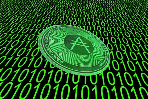 Green binary code and a valueable green ada coin from cardano crypto currency イラスト素材