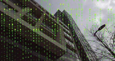 Green binary code animation over modern building and tree against cloudy sky Video stock 304841854