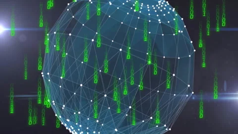 Green binary code cascading over digital network sphere in animation style Stock Footage 305730986