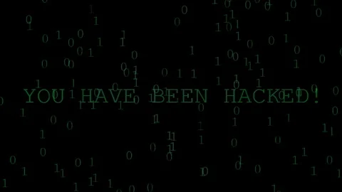 Green Binary Code Falls on Black Screen with Blinking "You Have Been Hacked!" Video stock 281458151