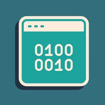 Green Binary code icon isolated on green background. Long shadow style. Vector Stock Illustration