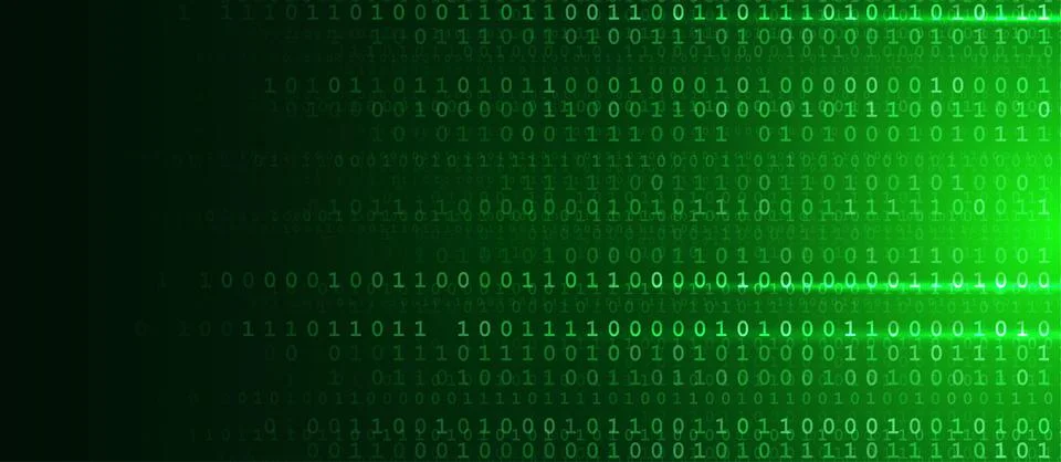 Green binary code stream over dark digital matrix, glowing scan line, futuristic Illustrazione stock
