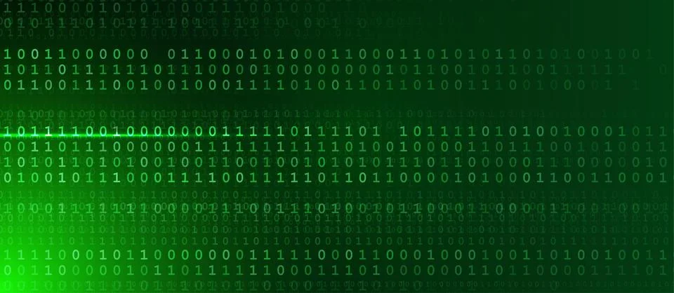 Green binary code stream over dark digital matrix, glowing scan line, futuristic Illustrazione stock