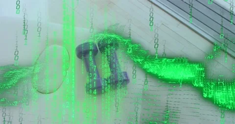 Green binary code streaming over purple dumbbells, white oval, spreading, Stock Footage 319340021