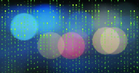 Green binary columns starting streaming downward over blurred colored lights Video stock 309679985