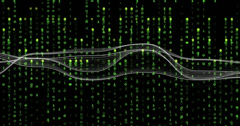 As green binary digits cascading, dotted wave oscillating, splitting into Stock Footage 310325124