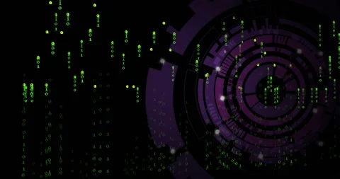 Green binary digits cascading initiating purple ring rotating clockwise Stock Footage 330474562