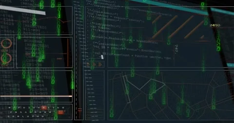 Green binary digits cascading, split interface loading code and drawing network Stock Footage 317369212