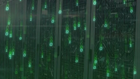 Green binary digits emerging from server cabinets and streaming downward to Stock Footage 317593186