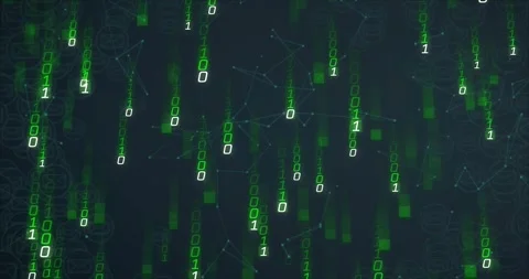 Green binary digits initiating cascade downward over navy network grid, showing Stock Footage 317608006