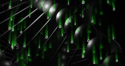 Green binary digits starting descent around metallic helix, rotating gently to Stock Footage 310972106