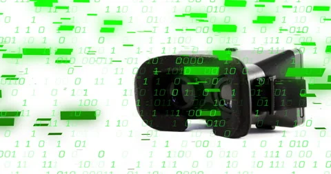 Green binary digits starting digital rain around 3D render VR headset revealing Stock Footage 313639844