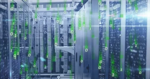Green binary digits starting drifting over server racks, cascading and Stock Footage 319572639