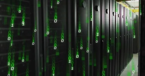 Green binary digits starting over server racks and growing into streams showing Video stock 329711148