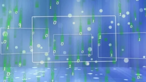 Green binary glyphs appearing at top falling, frames drifting, forming looping Stock Footage 322119765