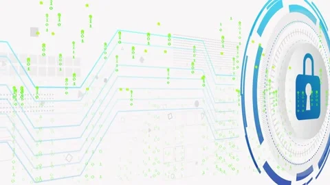 Green binary glyphs falling, padlock HUD glowing while circuits growing toward Stock Footage 335211514