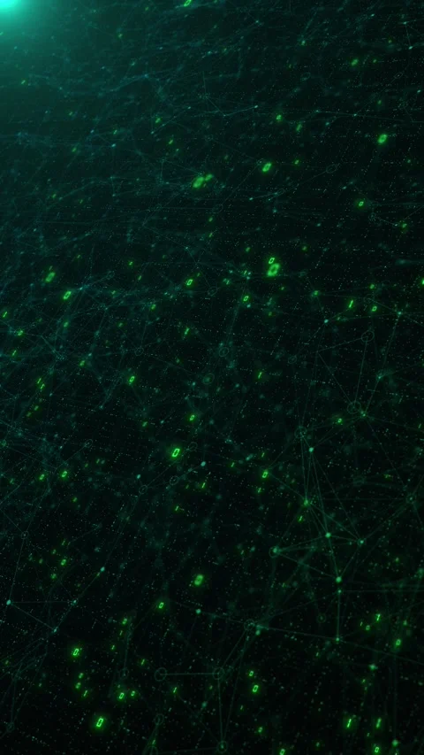 Green binary network matrix glowing digits, node connections, and dark data part Stock Footage 340555735