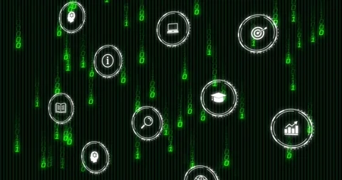 Green binary rain starting, floating UI cluster drifting and shifting, rings Stock Footage 331735818
