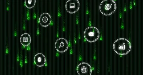 Green binary rain starting, floating UI cluster drifting and shifting, rings Illustrazione stock
