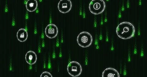 Green binary rain starting, floating UI cluster drifting and shifting, rings Stockillustratie