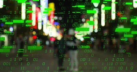 Green binary starting, growing and converting neon street into binary data while Stock Footage 320916016