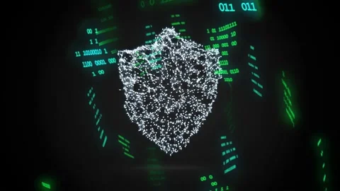 Green binary starting white nodes forming shield panels orbiting shield breaking Stock Footage 333894159