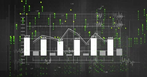 Green binary stream initiating chart reveal, white bars updating, polyline Stock Footage 329454995