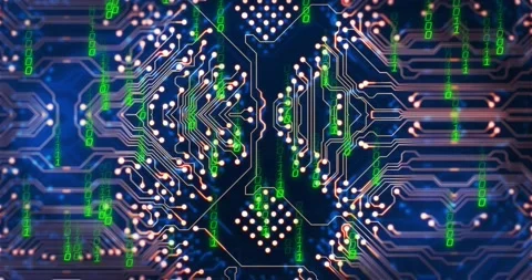 Green binary streams arising, central diamond pads pulsing along copper traces, Vídeos de archivo 321550137