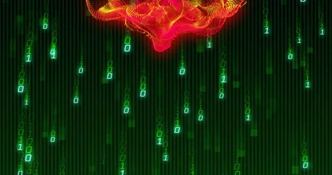 Green binary streams cascading sparking red-yellow waveform pulsating, rotating Stock Footage 312842275