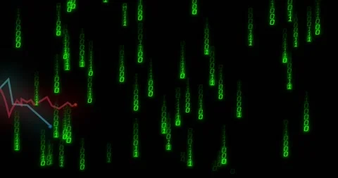 Green binary streams starting top, falling, densifying, neon charts pulsing, Video stock 329505236