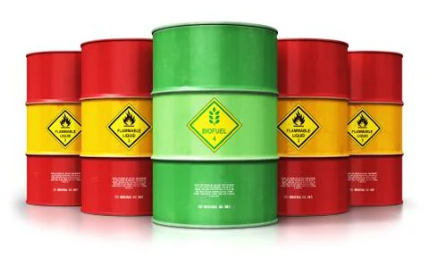 Green biofuel drum in front of red oil or gas barrels isolated on white backg Stock Illustration
