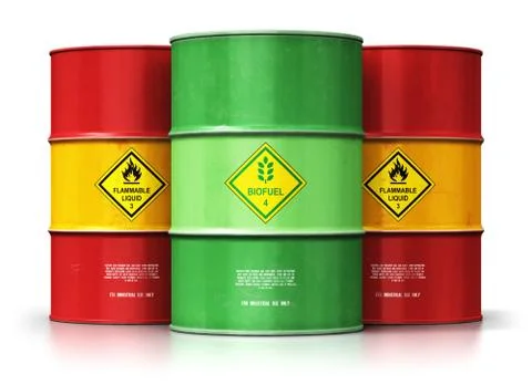 Green biofuel drum in front of red oil or gas barrels isolated on white backg Stock Illustration