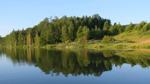 Green birch trees are reflected in the water in summer. Beautiful Russian Stock Footage 119451446