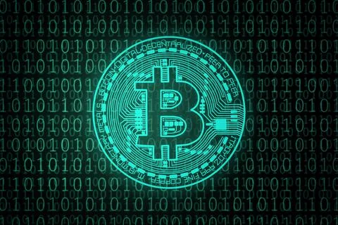 Green Bitcoin on binary code. 3d illustration. Illustrazione stock